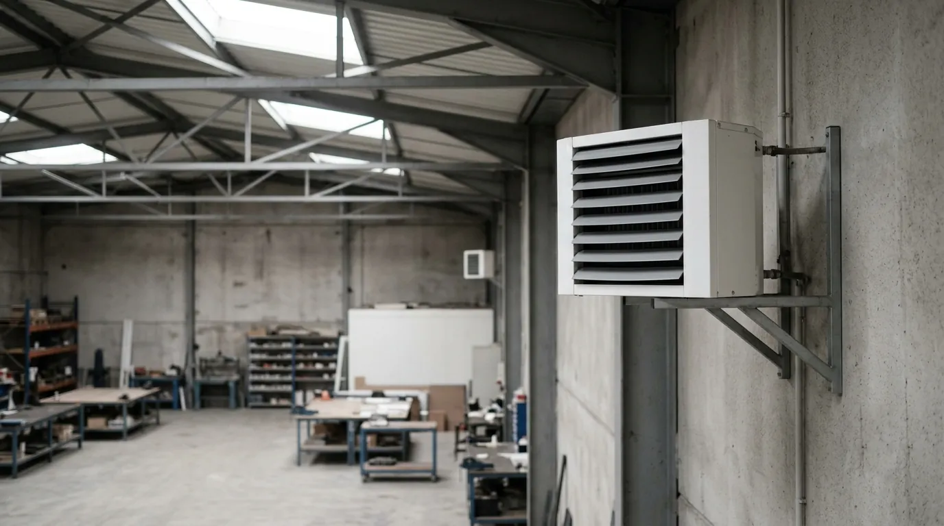 Aérotherme électrique industriel installé dans un atelier