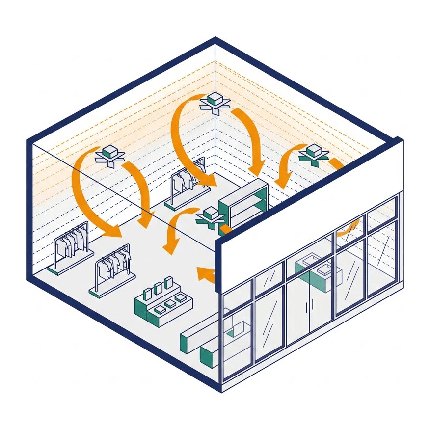 Schéma isométrique d'une boutique retail avec déstratificateurs et flux d'air rabattu